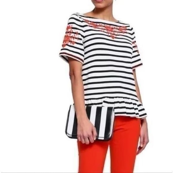 kate spade Broome Street Tops - Kate Spade Broome Street Black/White Striped & Embroidered Top